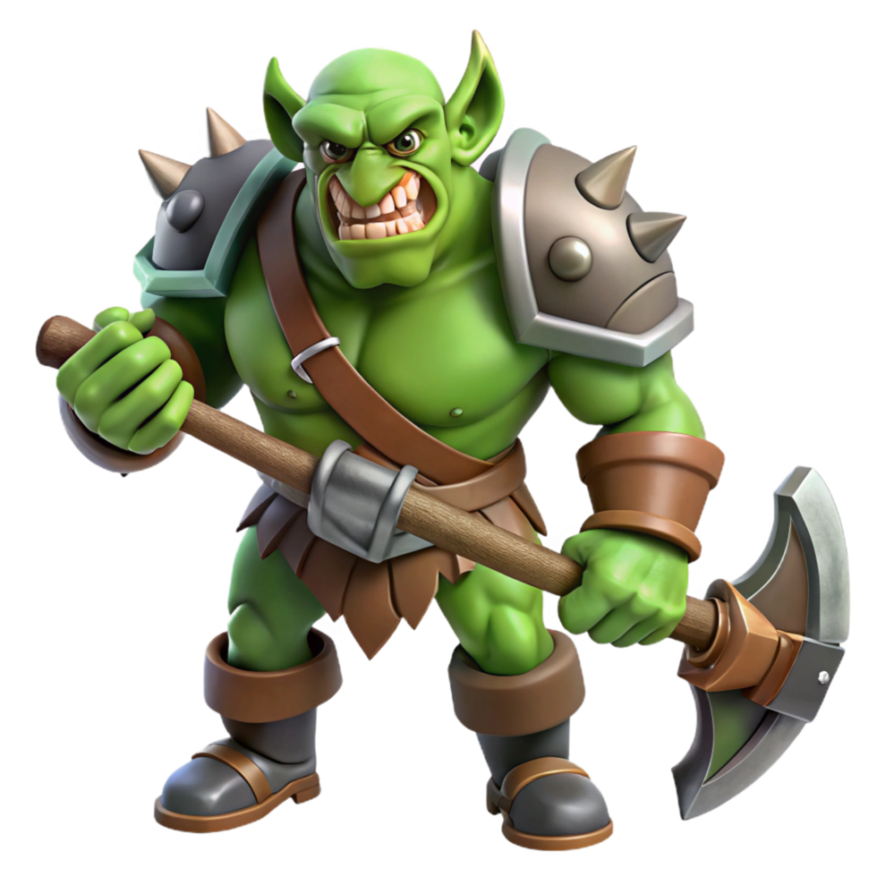 vibrant rustic A fierce orc warrior wielding a massive battleaxe, professional png