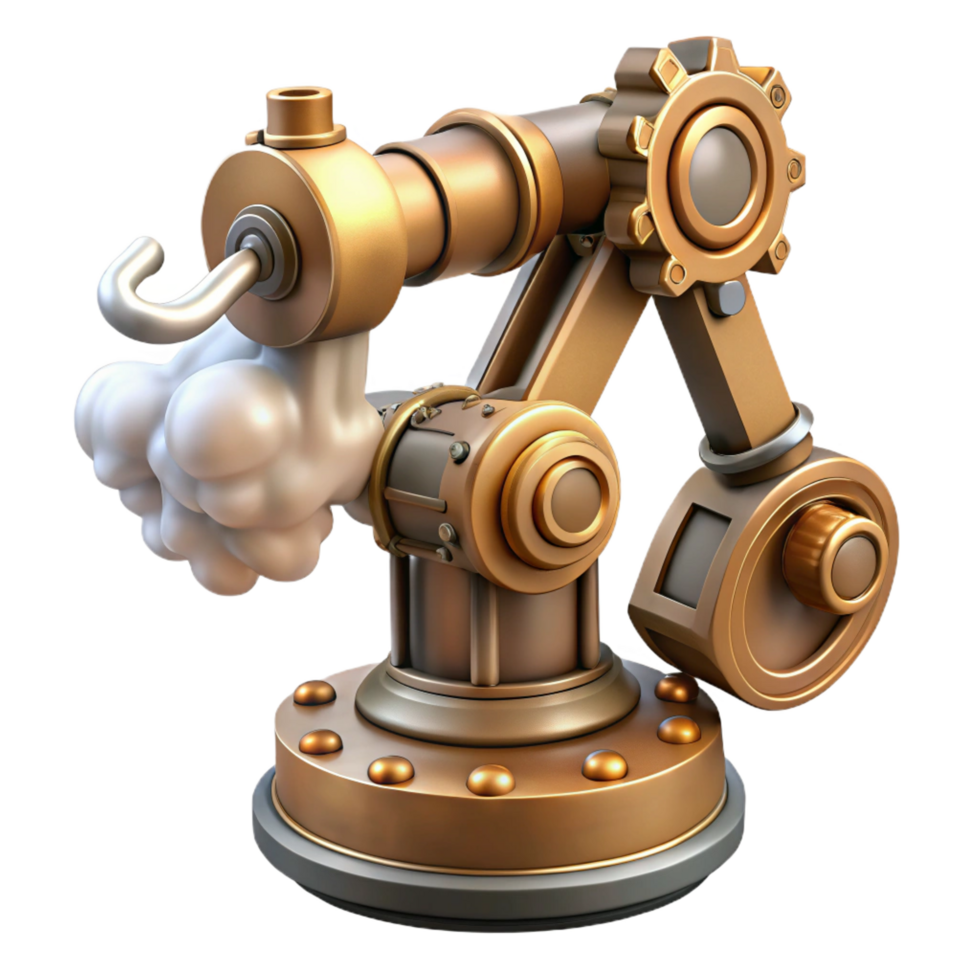 dramatic minimalist Steampunk robotic arm with exposed gears and steam vents professional png