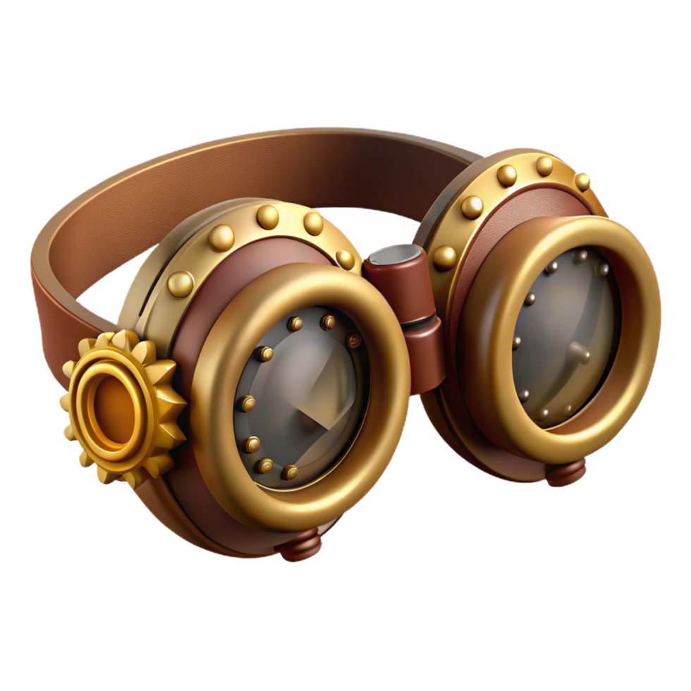 dramatic classic Steampunk goggles with intricate brass gears and leather straps detailed png