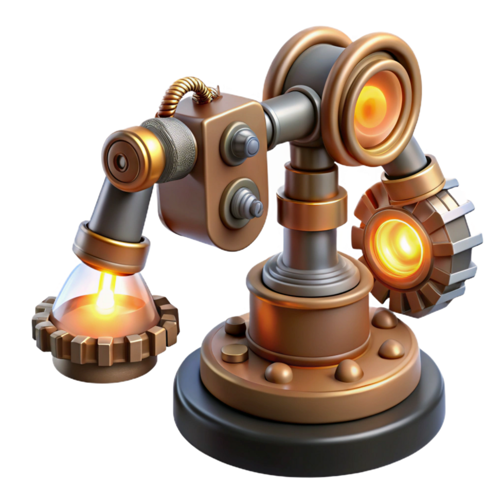 dramatic rustic Steampunk robotic arm with exposed gears and glowing vacuum tubes high quality png