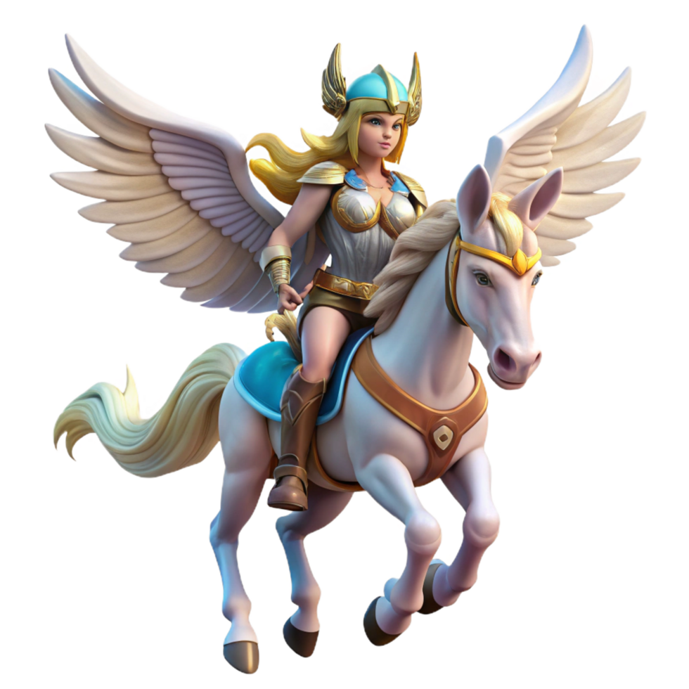 serene minimalist Valkyrie, female warrior, Norse mythology, riding winged horse 4K png