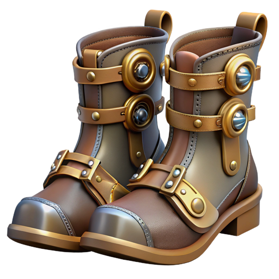 vibrant contemporary Steampunk boots with spurs, buckles, and intricate metalwork original png