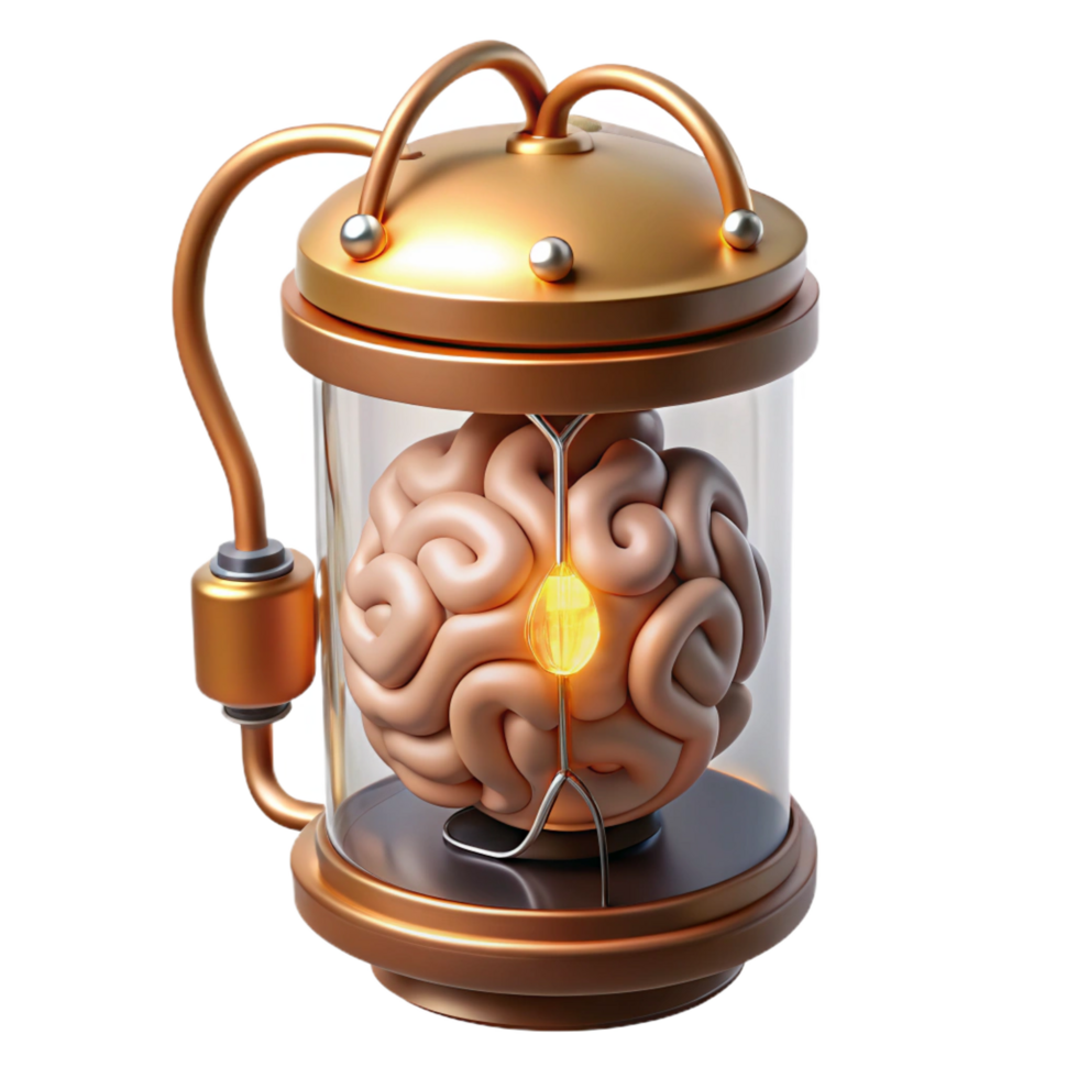 impressive vintage Steampunk brain in a jar with glowing wires and copper connections detailed png