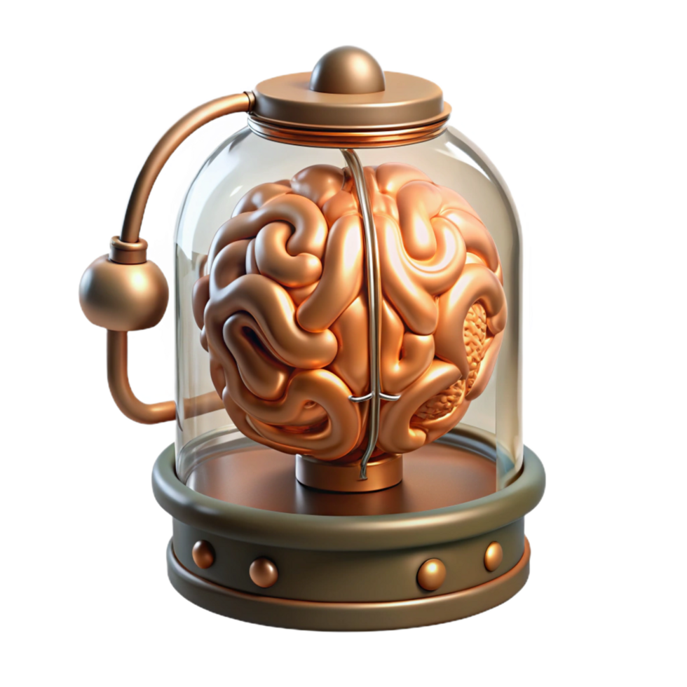 serene creative Steampunk brain in a jar with glowing wires and copper connections premium png