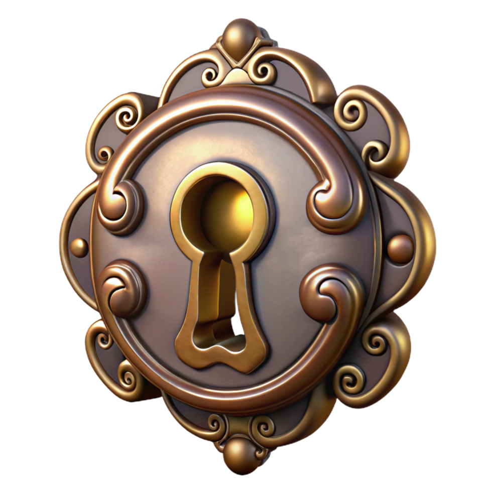elegant artistic Steampunk keyhole with intricate carvings and a brass escutcheon genuine png