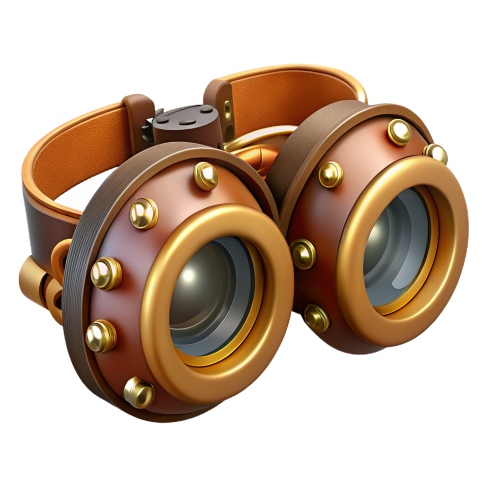 extraordinary contemporary Steampunk goggles with intricate brass gears and leather straps high resolution png