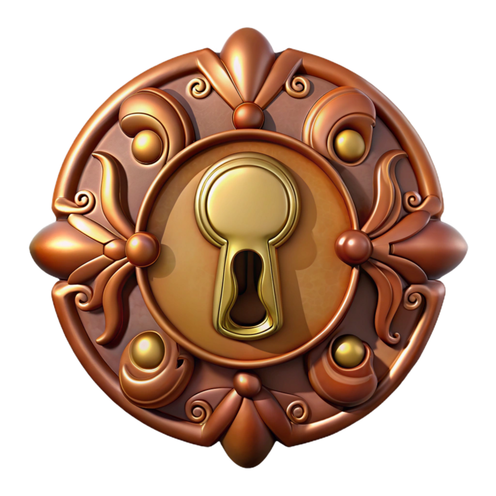beautiful minimalist Steampunk keyhole with intricate carvings and a brass escutcheon genuine png