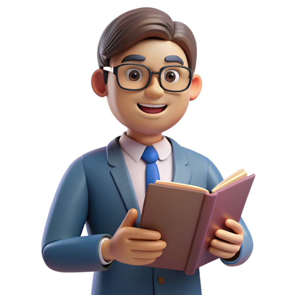 extraordinary minimalist Teacher with glasses, holding a book, 4K png