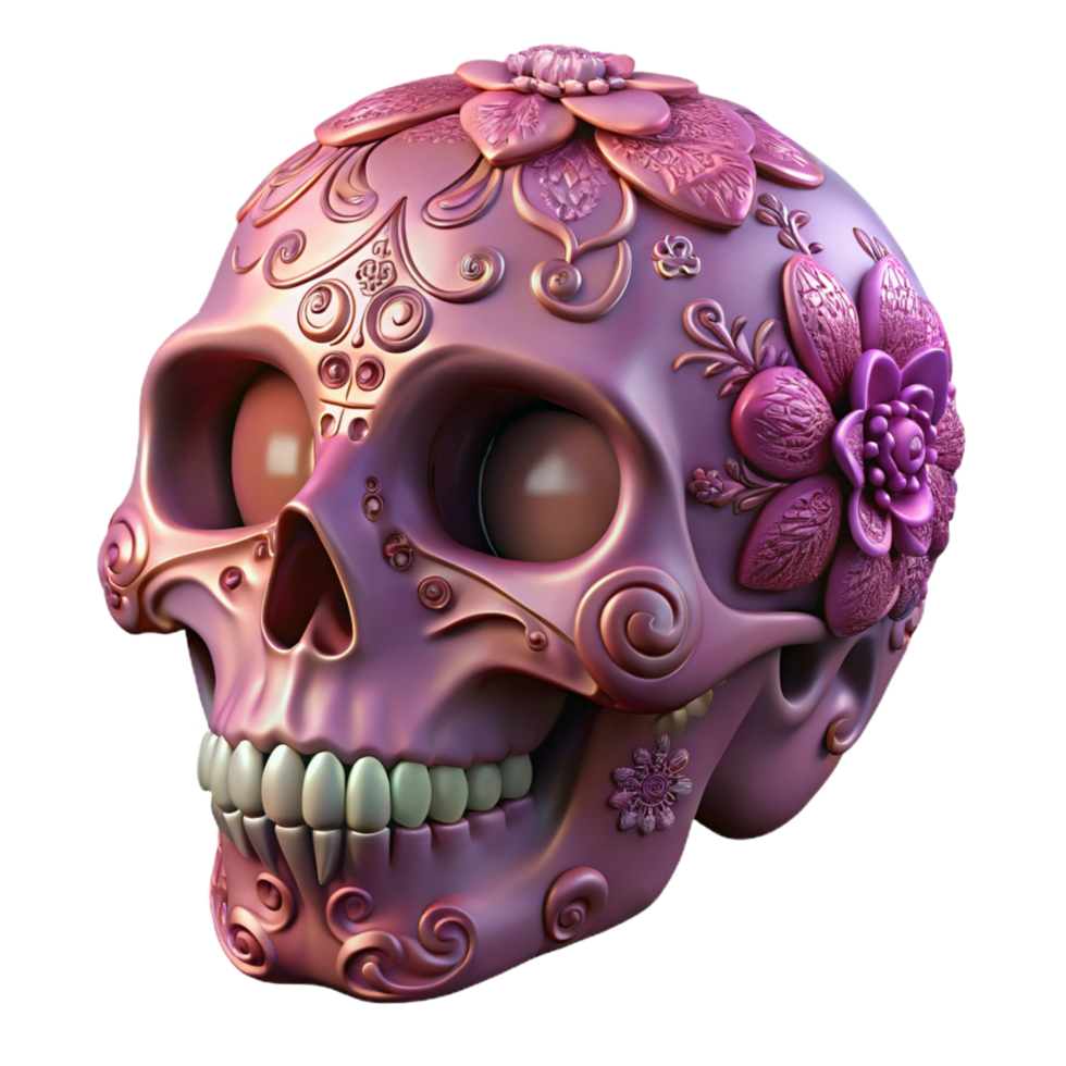 impressive contemporary A stylized human skull with intricate floral patterns, high resolution png