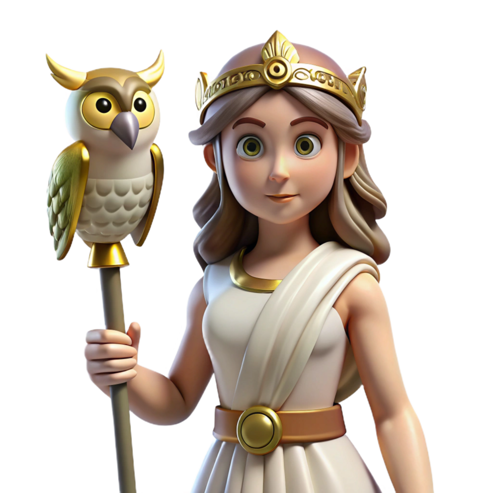 serene modern Athena, Goddess of Wisdom, holding owl and spear, intelligent gaze, genuine png