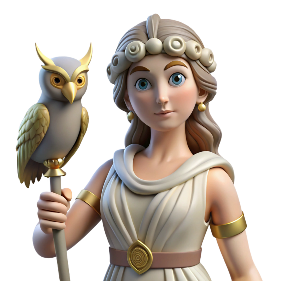 dramatic contemporary Athena, goddess of wisdom, with an owl perched on her shoulder original png