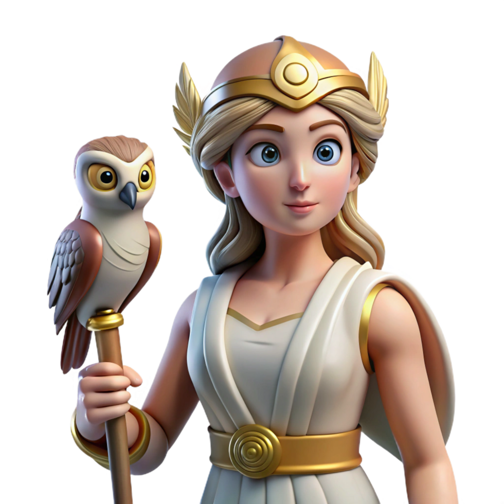 stunning modern Athena, goddess of wisdom, with an owl perched on her shoulder premium png