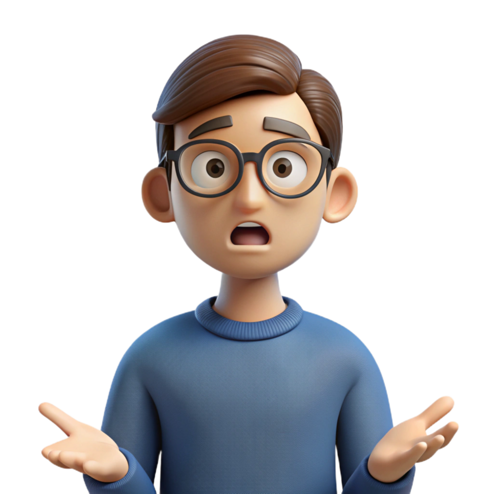 dramatic creative Confused young man wearing glasses, premium png