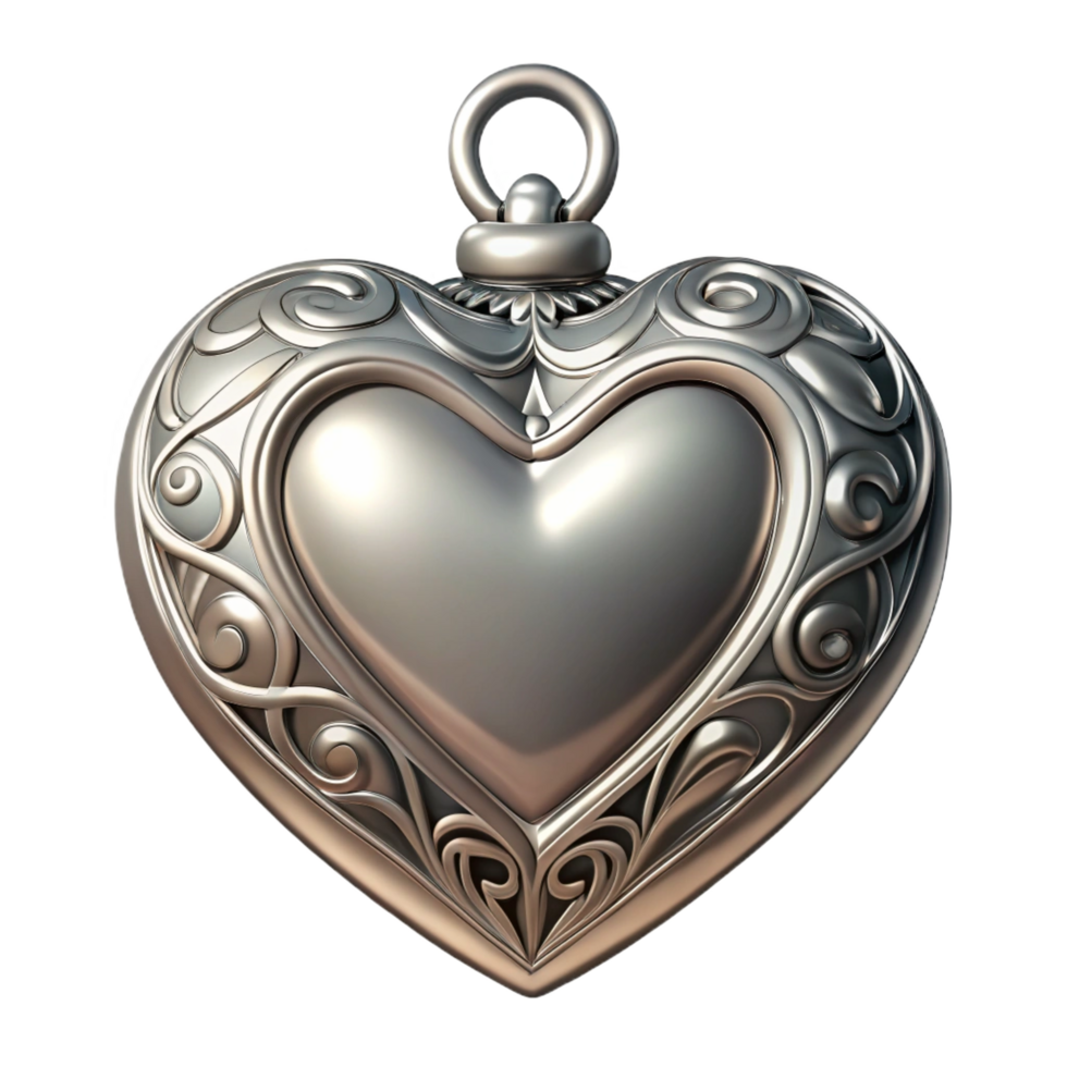 dramatic rustic Silver locket, heart-shaped, intricate design detailed png