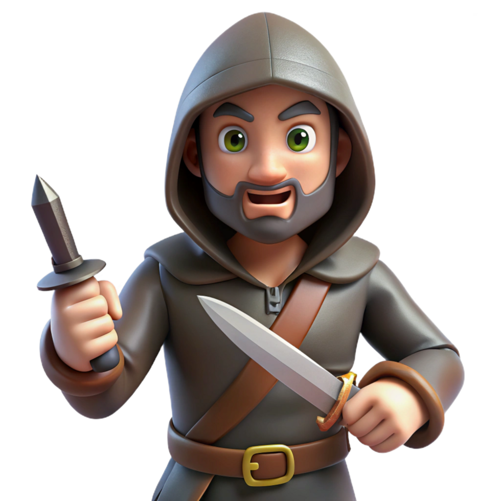 serene rustic A cunning rogue, holding a dagger detailed png