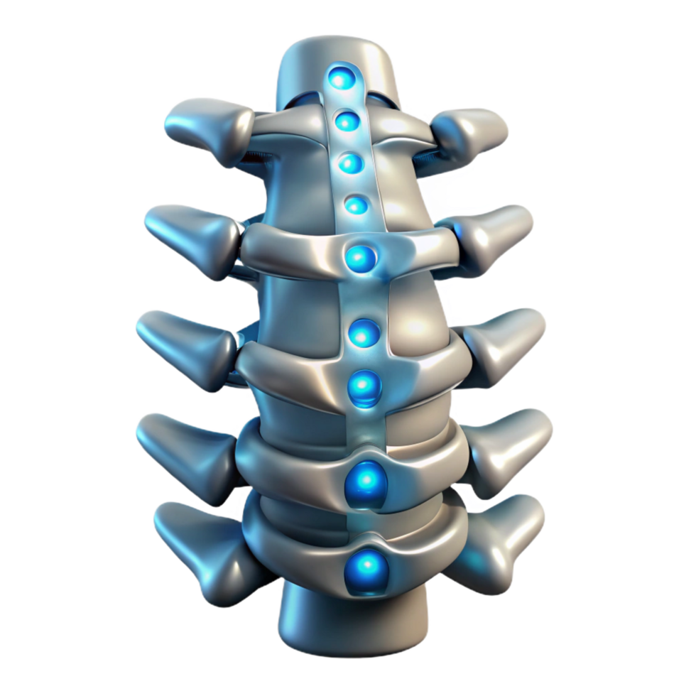 magnificent classic Cybernetic spine, metallic vertebrae, glowing nodes genuine png
