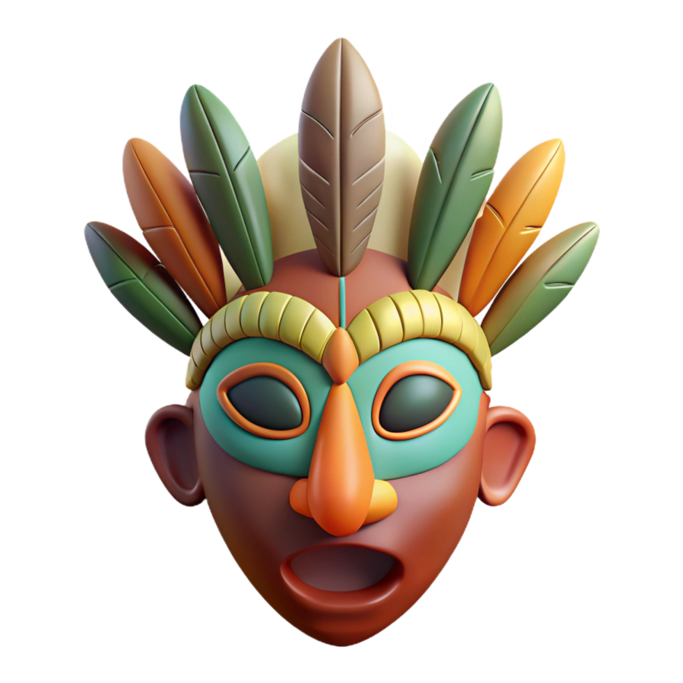 serene contemporary A single, stylized tribal mask with feathers, authentic png