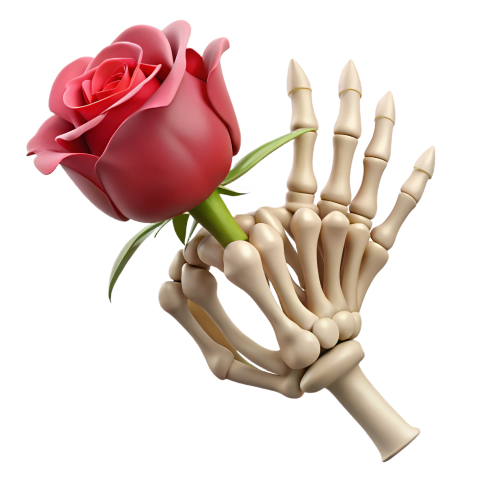 impressive traditional A realistic rendering of a skeleton hand holding a rose, professional png