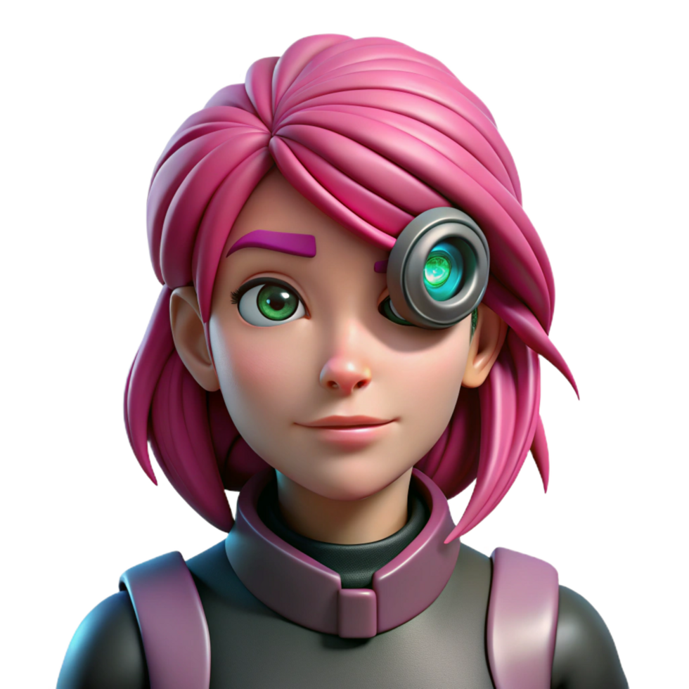 elegant creative Cyberpunk female character portrait with vibrant pink hair and cybernetic eye implant 4K png