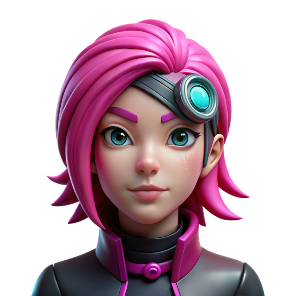 dramatic classic Cyberpunk female character portrait with vibrant pink hair and cybernetic eye implant genuine png