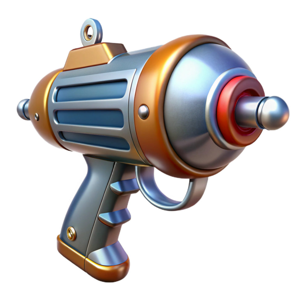 serene minimalist Retro-futuristic ray gun with chrome finish and wooden handle premium png