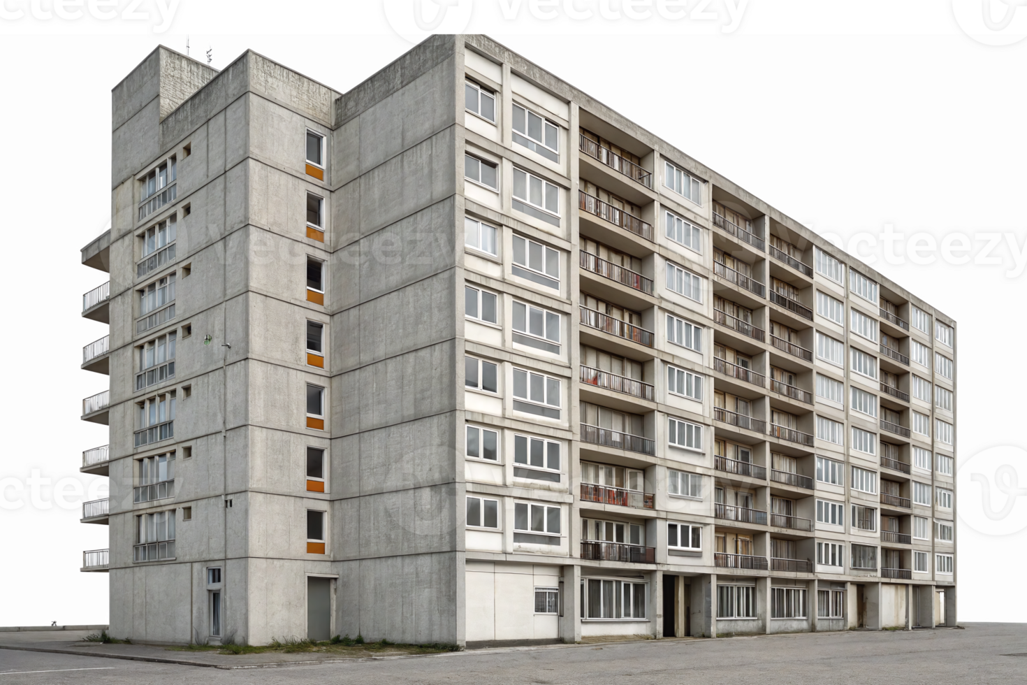 Modern Concrete Apartment Building with Multiple Levels and Large Windows png