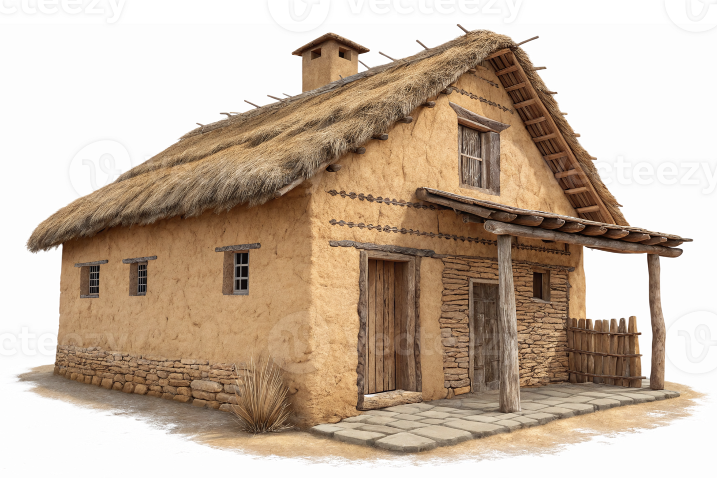 Traditional Rustic Clay House with Thatched Roof and Wooden Accents png