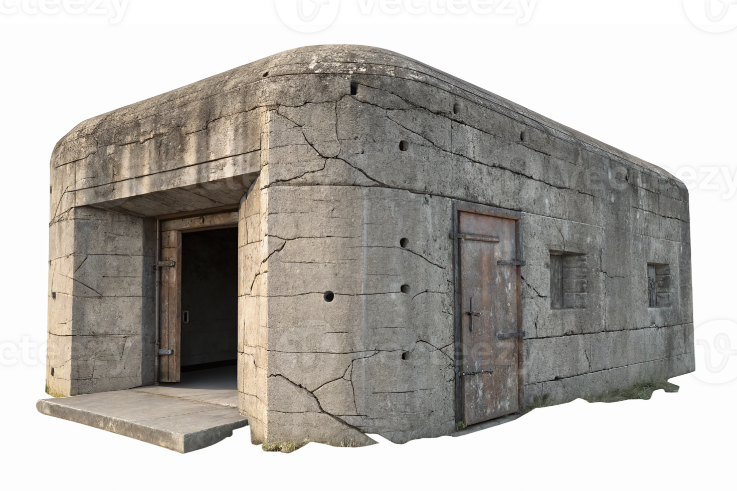 Historic Concrete Bunker Structure with Cracks and Weathered Door in Transparent Background png