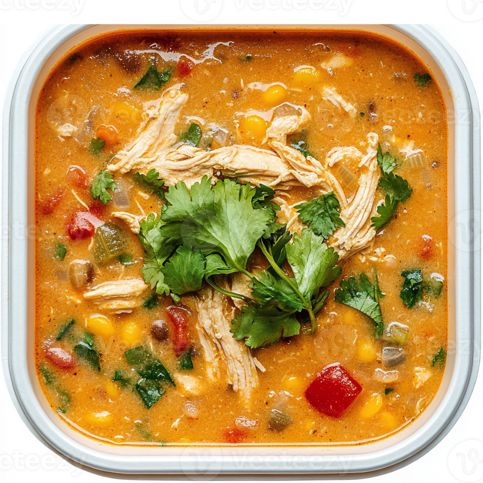 Creamy Chicken Corn Soup with Fresh Cilantro and Colorful Vegetables in a Square Bowl png