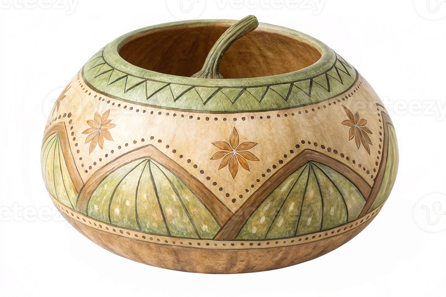 Handcrafted Decorative Gourd Bowl with Intricate Floral Patterns and Earthy Colors png
