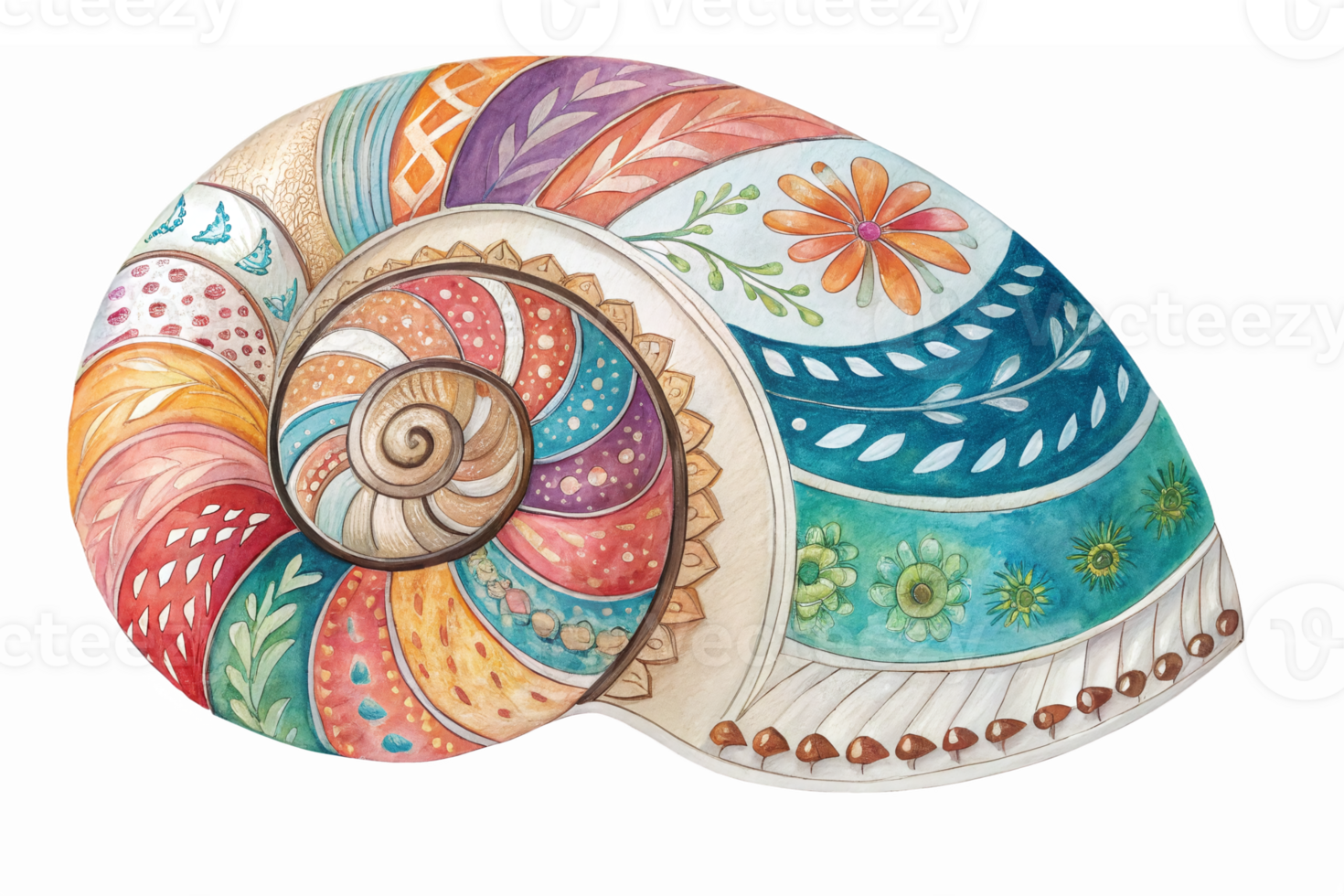 Colorful Spiral Seashell with Intricate Floral and Geometric Patterns on Transparent Background png