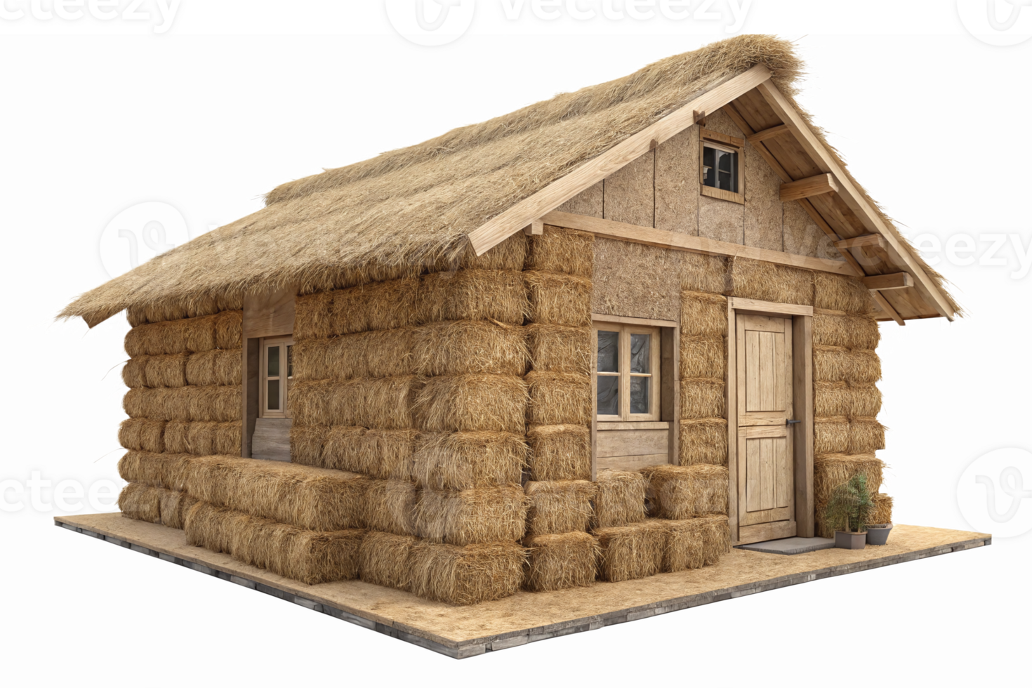 Rustic Straw Bale House with Thatched Roof and Wooden Door on Transparent Background png