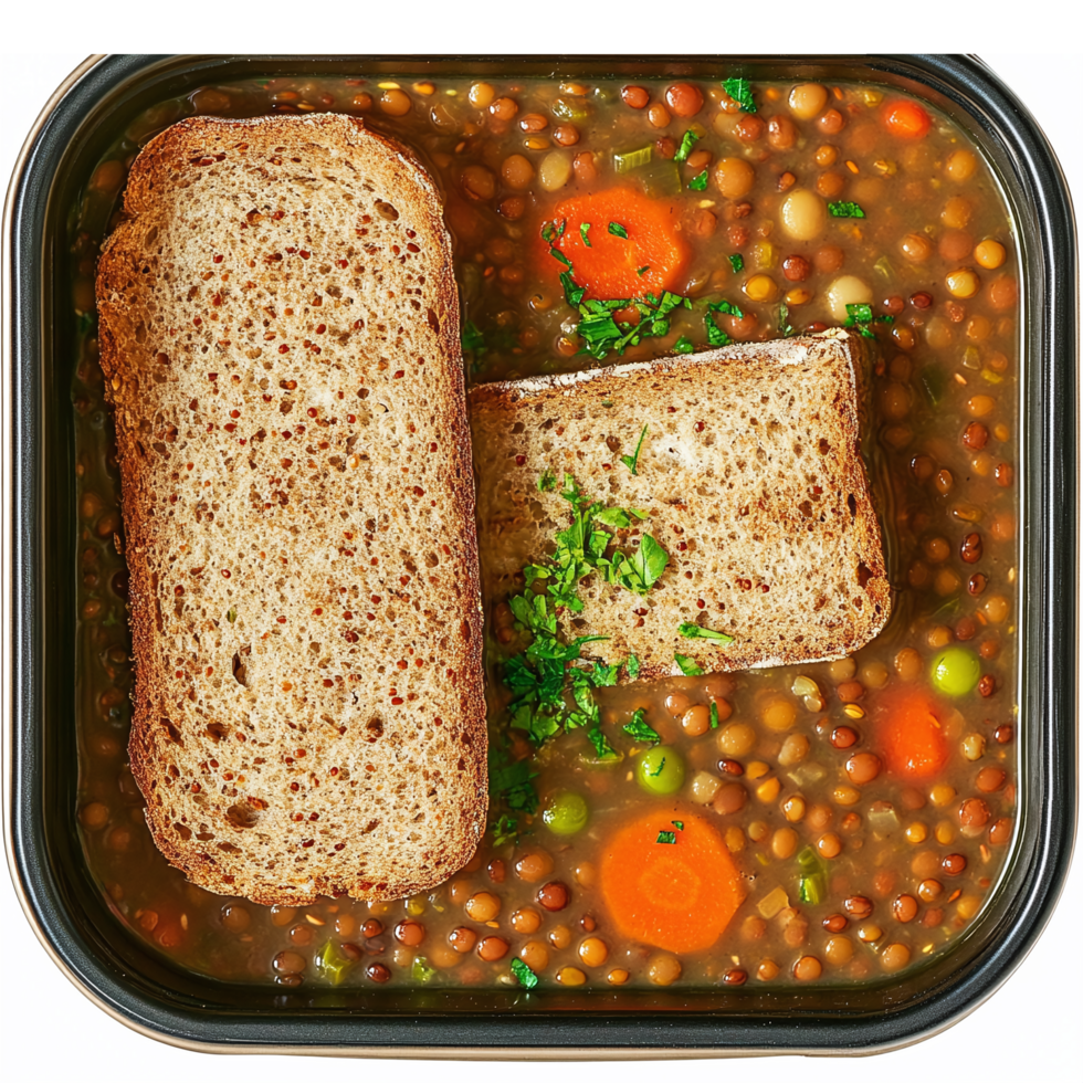 Delicious Lentil Soup with Whole Grain Bread Slices in a Bowl on Transparent Background png