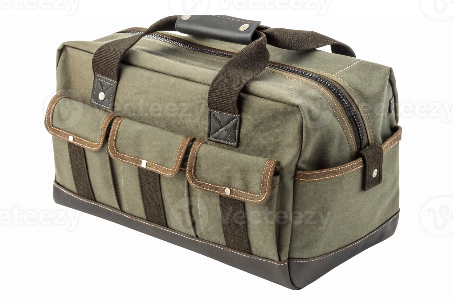 Stylish Green Canvas Duffle Bag with Multiple Pockets Perfect for Travel and Outdoor Activities png