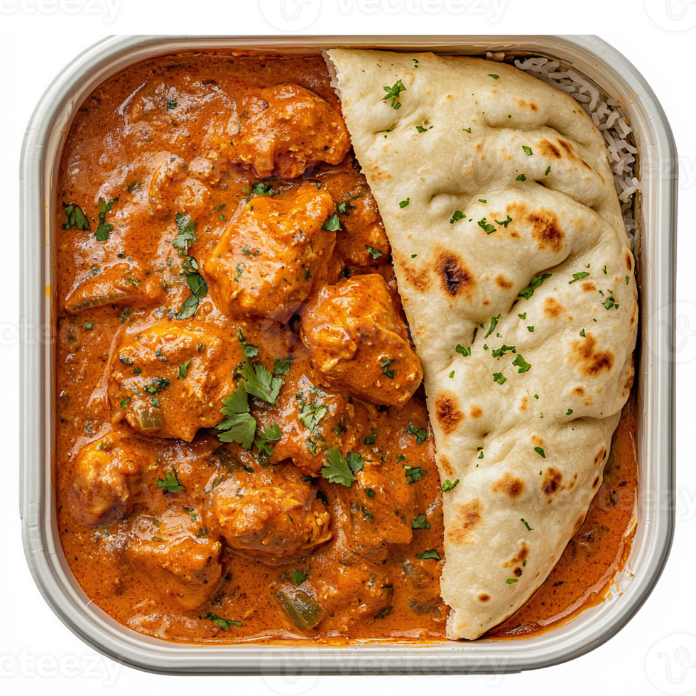 Creamy Butter Chicken with Naan Bread and Rice Served in a Takeout Container png