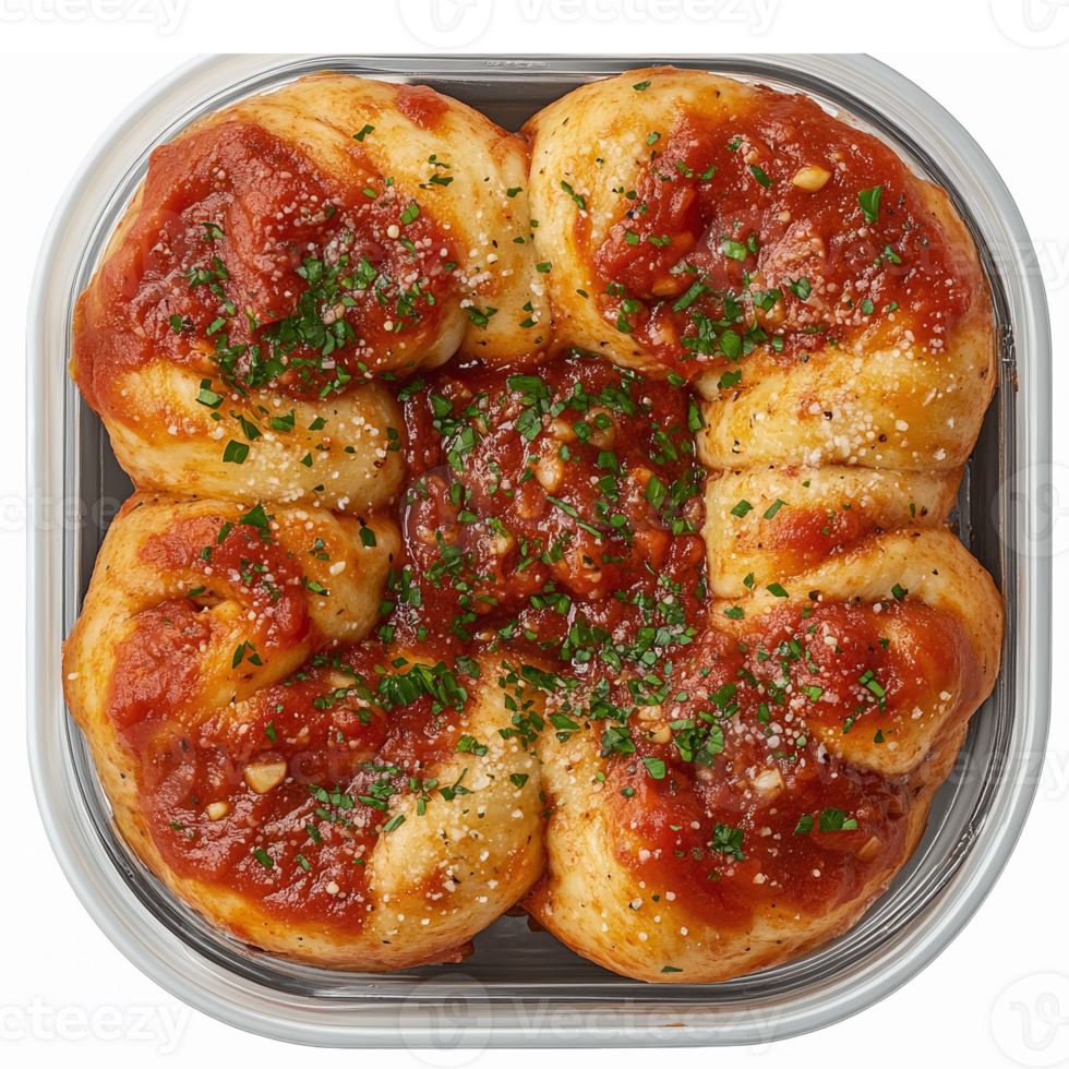 Savory Baked Bread Rolls Topped with Marinara Sauce and Fresh Herbs in Transparent Container png