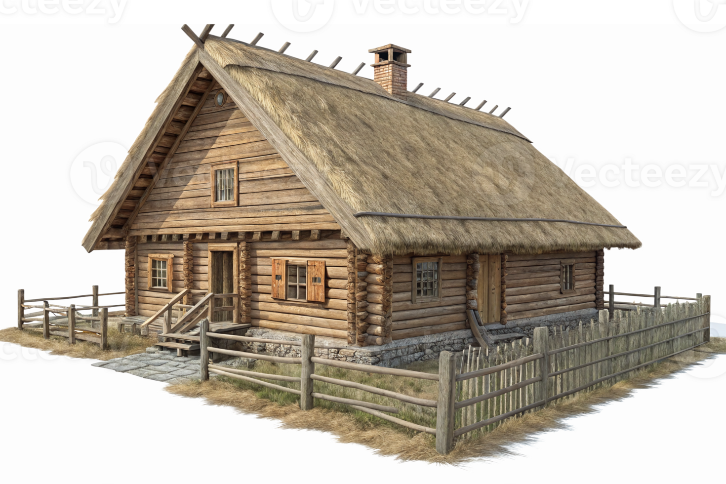 Rustic Wooden Log House with Thatched Roof Surrounded by Fence and Pathway png