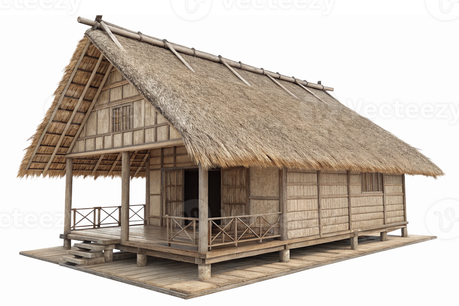 Traditional Japanese Thatched Roof House Rustic Wooden Design with Open Porch and Bamboo Fencing png