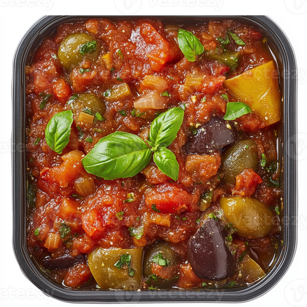 Vibrant Tomato Vegetable Sauce with Fresh Basil in a Square Container png