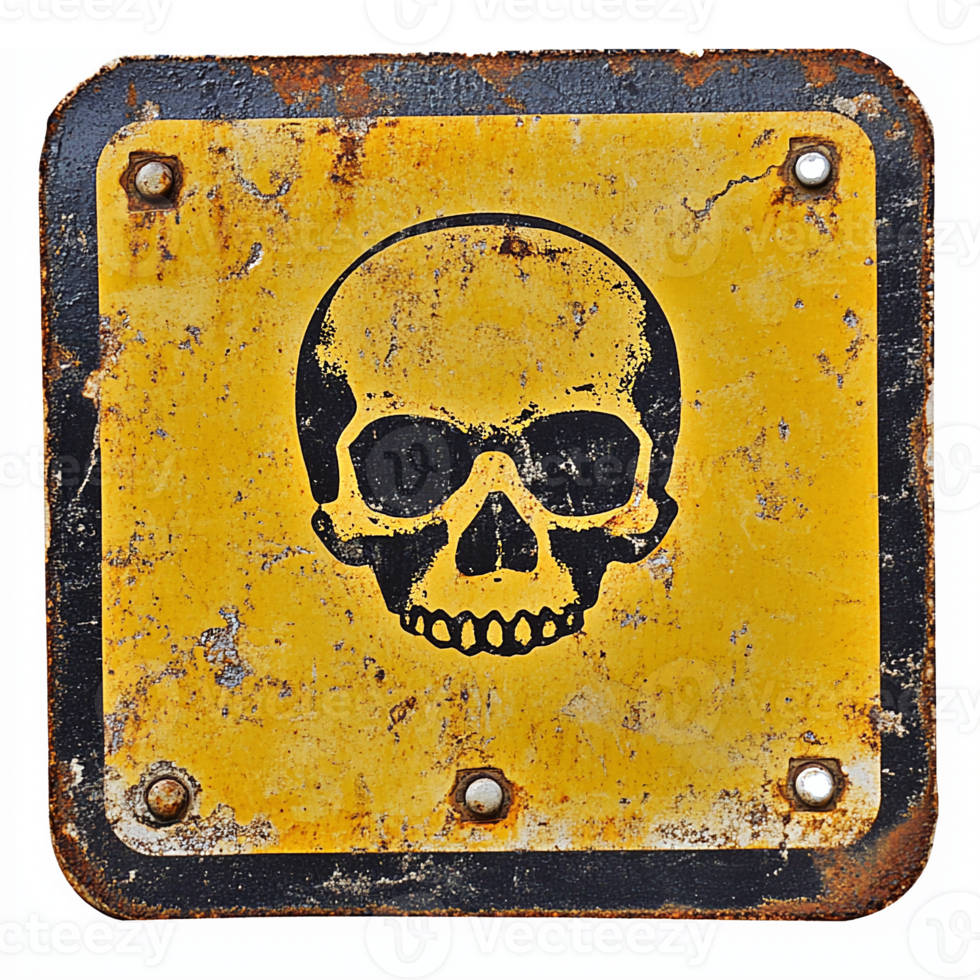 Rusty Warning Sign with Skull Graphic on Yellow Background for Hazardous Materials Safety png