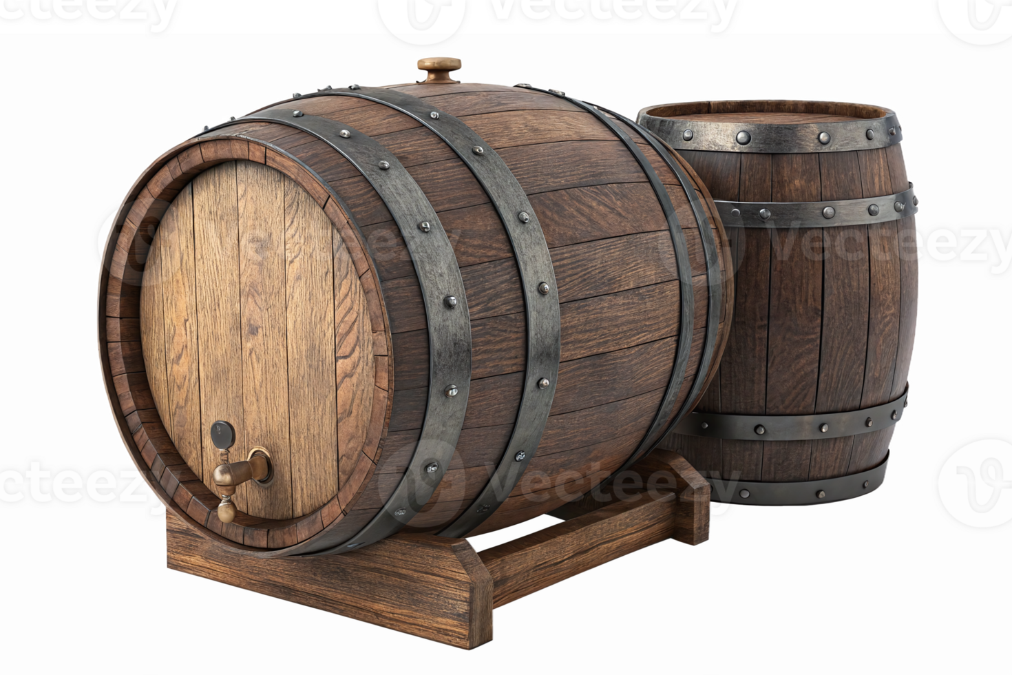 Realistic Wooden Beer Barrel Set with Stand and Smaller Barrel Ideal for Brewing and Decor png