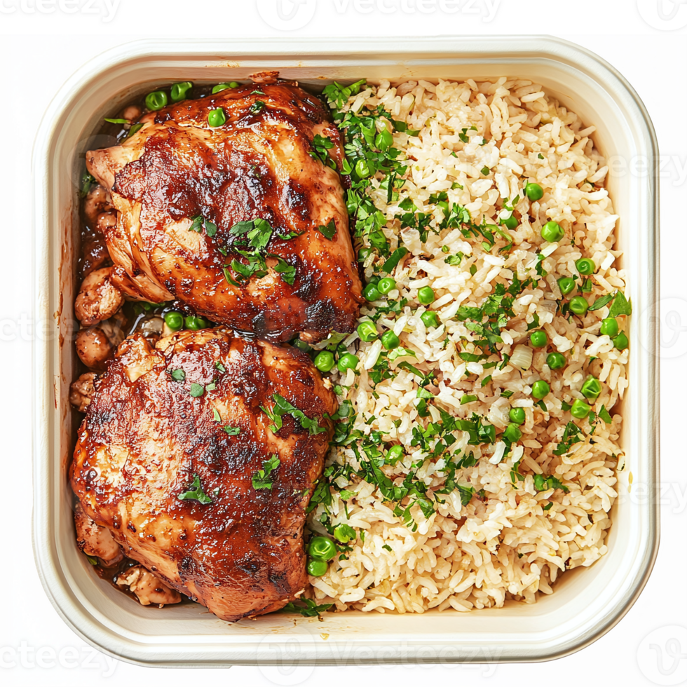 Savory Grilled Chicken Thighs with Fluffy Rice and Fresh Herbs in a Meal Prep Container png