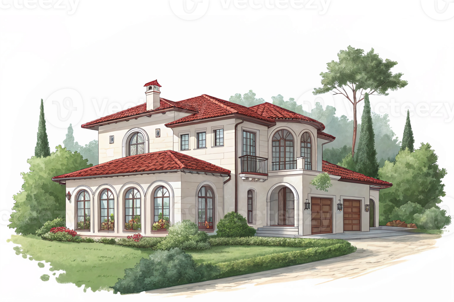 Elegant Mediterranean Villa with Lush Garden and Stunning Architecture Perfect for Design Projects png