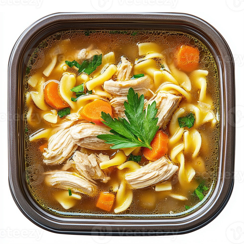 Delicious Homemade Chicken Noodle Soup with Savory Broth and Fresh Vegetables png