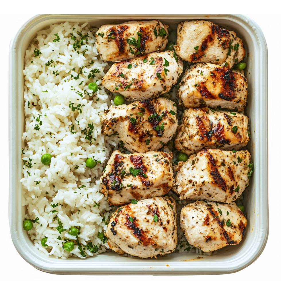 Grilled Chicken Breast with Rice and Peas Freshly Prepared Meal in a Takeout Container png