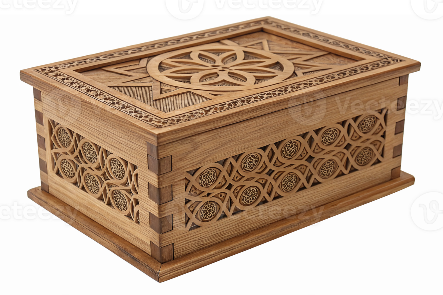 Intricately Carved Wooden Box with Geometric Patterns and Detailed Lid Design png