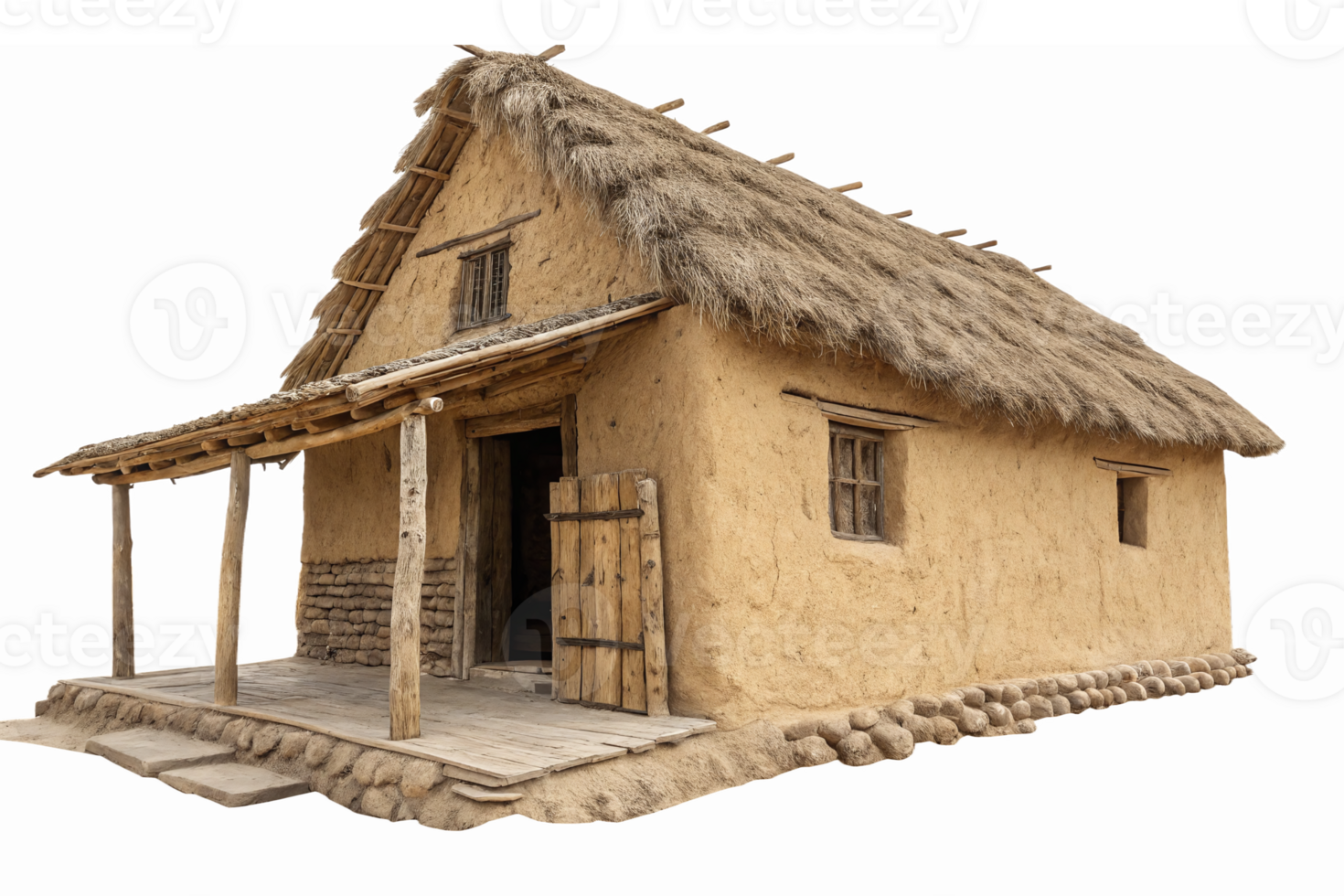 Traditional Thatched Roof House with Mud Walls and Rustic Wooden Elements png