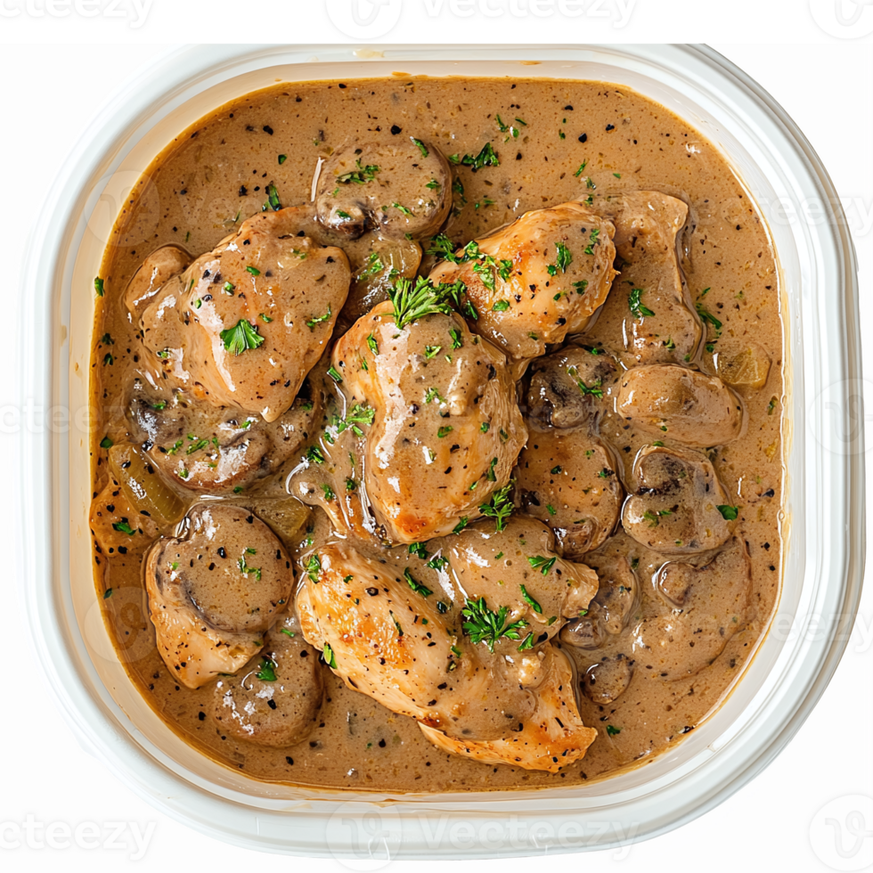 Delicious Creamy Mushroom Chicken Dish in a White Container with Garnish and Gravy png