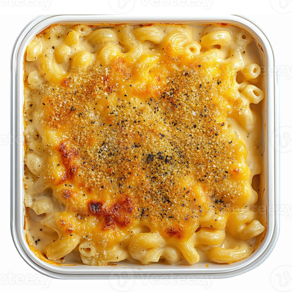 Delicious Baked Macaroni and Cheese with Golden Crispy Topping in Square Dish png