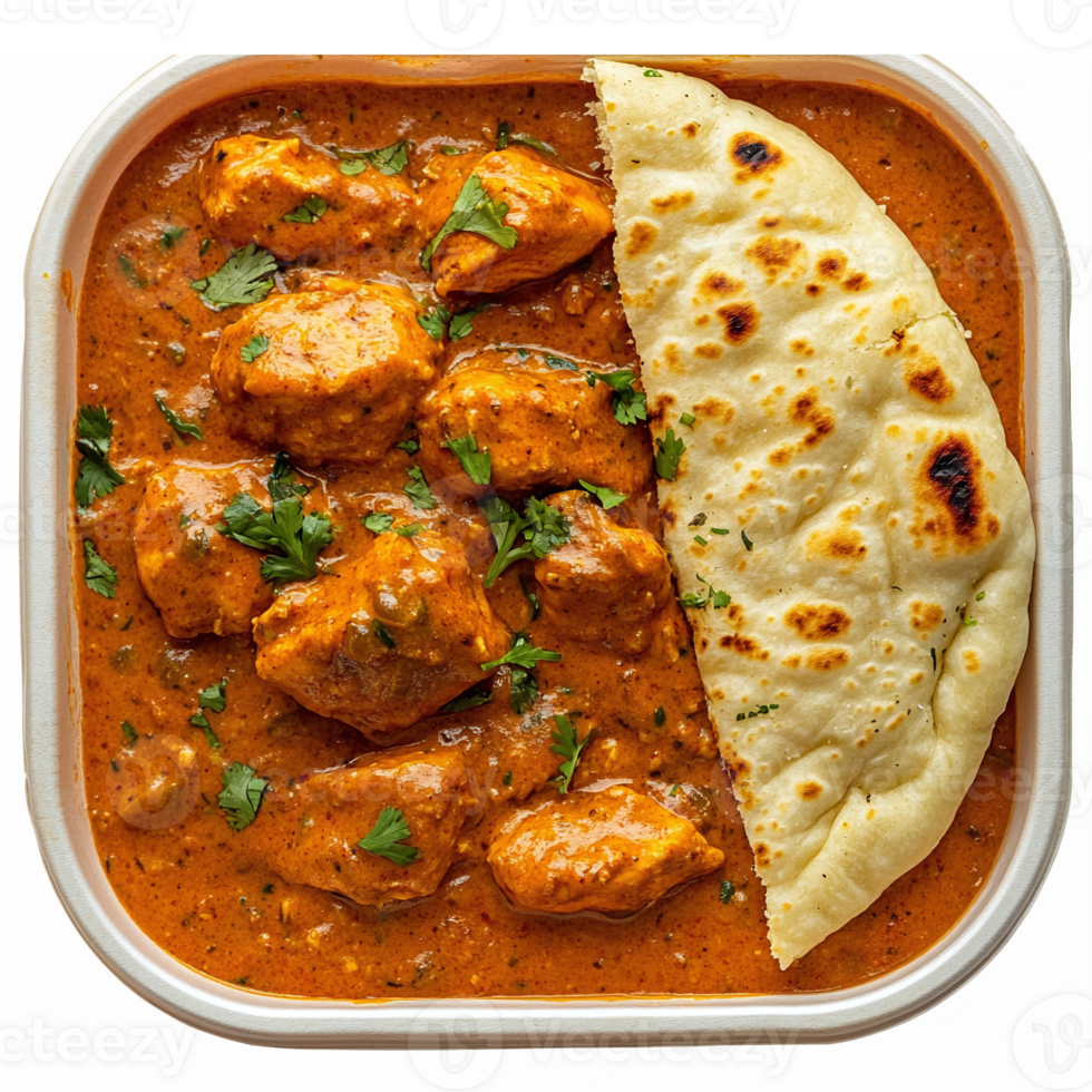 Delicious Indian Butter Chicken with Naan in Takeout Container png